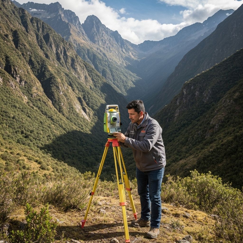 Surveyor working with GPS equipment in Colombian mountains